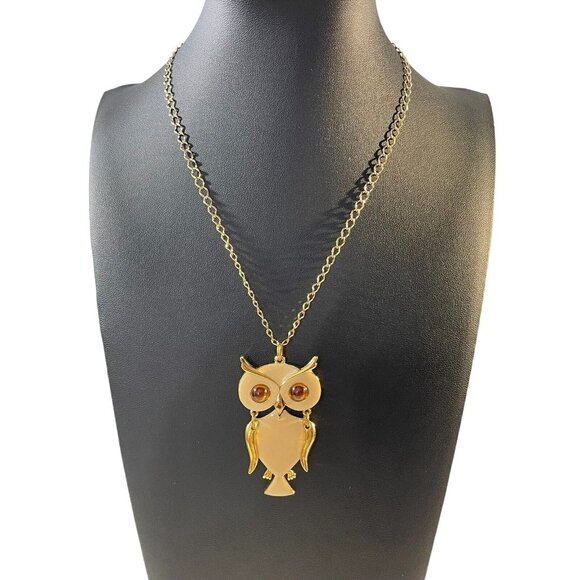 VTG ART Gold Tone Metal Cream Enamel Articulated Jointed Owl Pendant Necklace - Picture 3 of 16